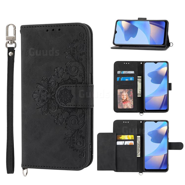 Skin Feel Embossed Lace Flower Multiple Card Slots Leather Wallet Phone Case for Samsung Galaxy A22 5G - Black
