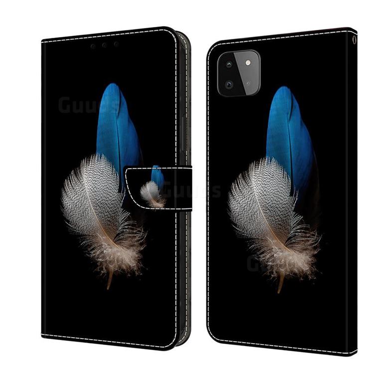 White Blue Feathers Crystal PU Leather Protective Wallet Case Cover for Samsung Galaxy A22 5G