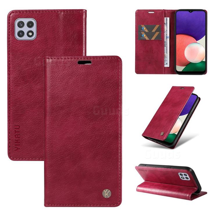YIKATU Litchi Card Magnetic Automatic Suction Leather Flip Cover for Samsung Galaxy A22 5G - Wine Red