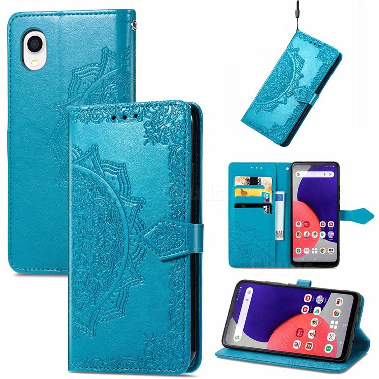 Embossing Imprint Mandala Flower Leather Wallet Case for Samsung Galaxy A22 5G(Japan, SC-56B) - Blue
