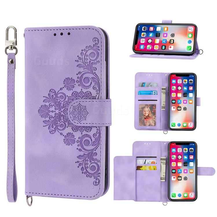 Skin Feel Embossed Lace Flower Multiple Card Slots Leather Wallet Phone Case for Samsung Galaxy A22 5G(Japan, SC-56B) - Purple