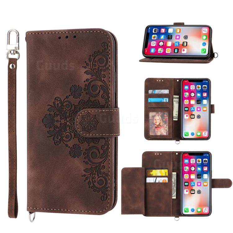 Skin Feel Embossed Lace Flower Multiple Card Slots Leather Wallet Phone Case for Samsung Galaxy A22 5G(Japan, SC-56B) - Brown