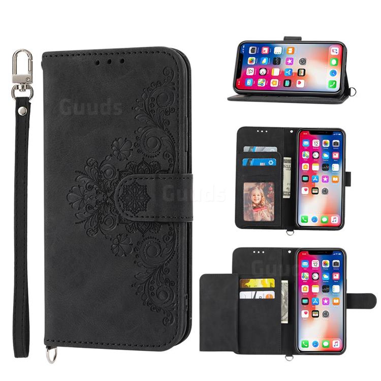Skin Feel Embossed Lace Flower Multiple Card Slots Leather Wallet Phone Case for Samsung Galaxy A22 5G(Japan, SC-56B) - Black