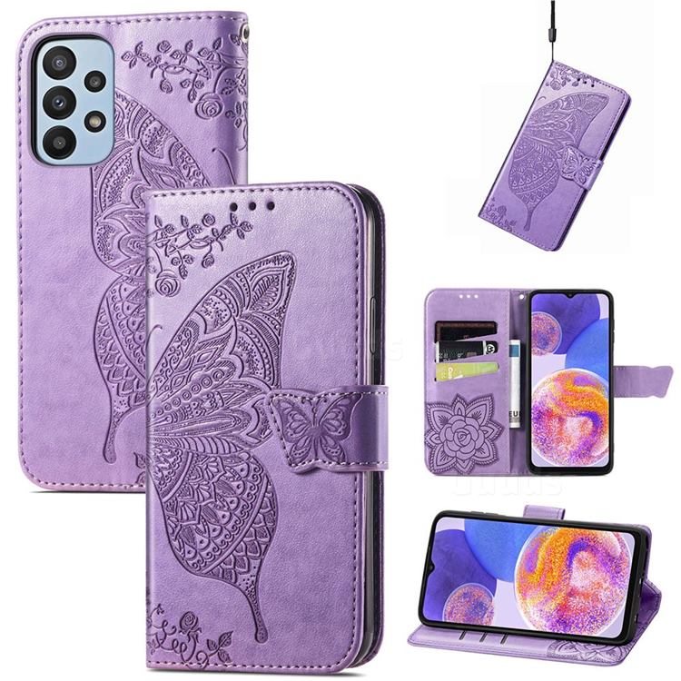 Embossing Mandala Flower Butterfly Leather Wallet Case for Samsung Galaxy A23 - Light Purple