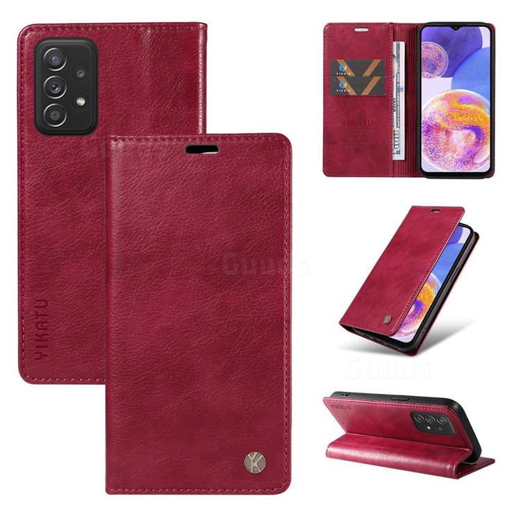 YIKATU Litchi Card Magnetic Automatic Suction Leather Flip Cover for Samsung Galaxy A23 - Wine Red
