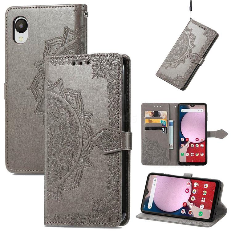 Embossing Imprint Mandala Flower Leather Wallet Case for Samsung Galaxy A23 5G Japan SC-56C - Gray