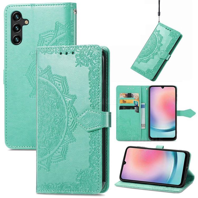 Embossing Imprint Mandala Flower Leather Wallet Case for Samsung Galaxy A24 4G - Green