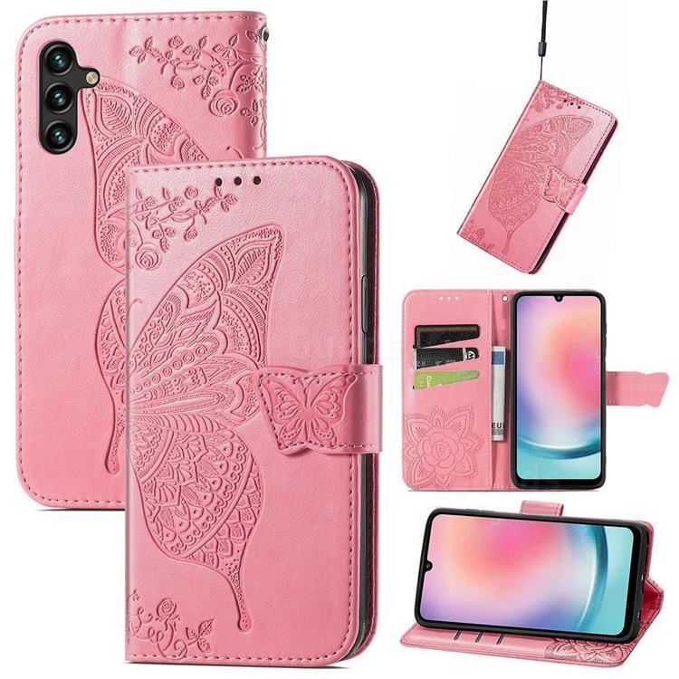 Embossing Mandala Flower Butterfly Leather Wallet Case for Samsung Galaxy A24 4G - Pink