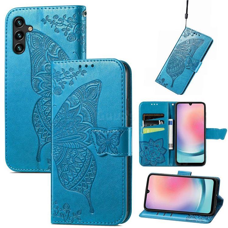 Embossing Mandala Flower Butterfly Leather Wallet Case for Samsung Galaxy A24 4G - Blue
