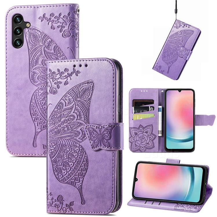 Embossing Mandala Flower Butterfly Leather Wallet Case for Samsung Galaxy A24 4G - Light Purple