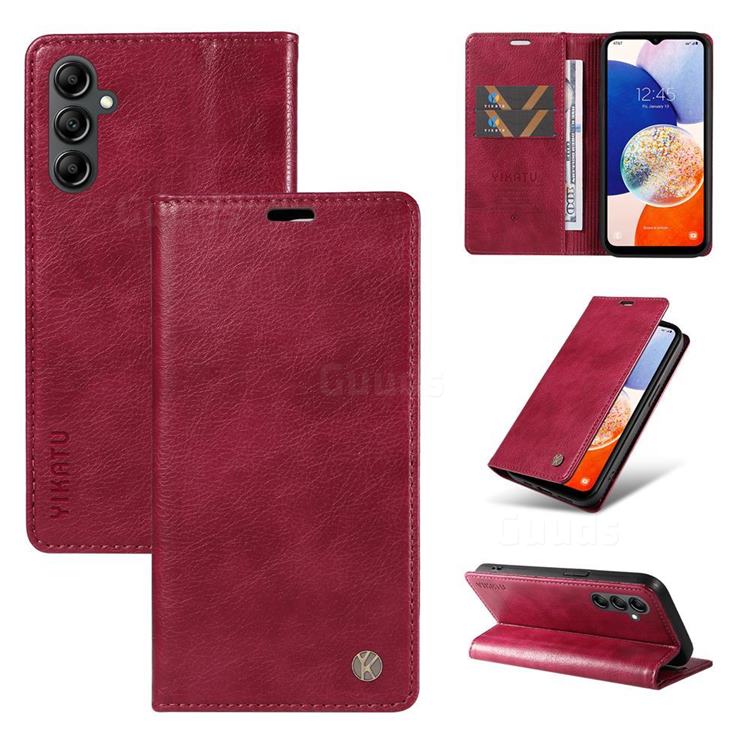 YIKATU Litchi Card Magnetic Automatic Suction Leather Flip Cover for Samsung Galaxy A24 4G - Wine Red