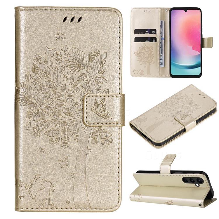 Embossing Butterfly Tree Leather Wallet Case for Samsung Galaxy A25 5G - Champagne