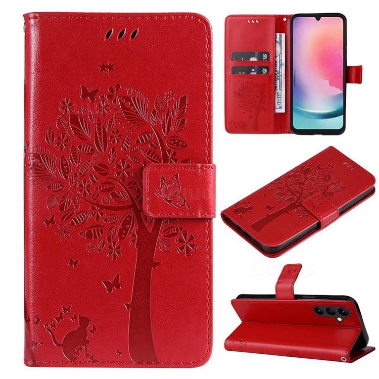 Embossing Butterfly Tree Leather Wallet Case for Samsung Galaxy A25 5G - Red