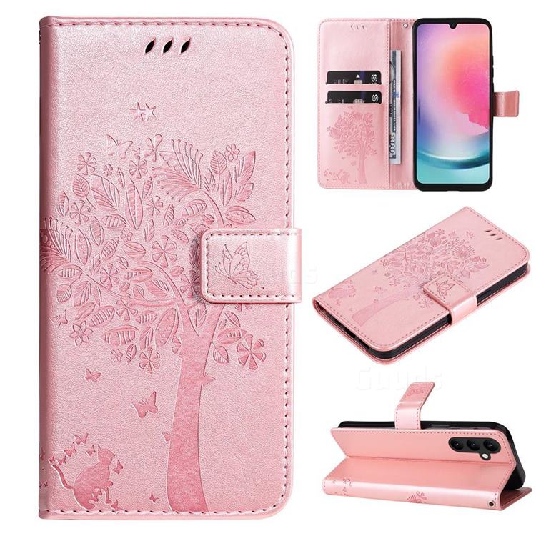 Embossing Butterfly Tree Leather Wallet Case for Samsung Galaxy A25 5G - Rose Pink