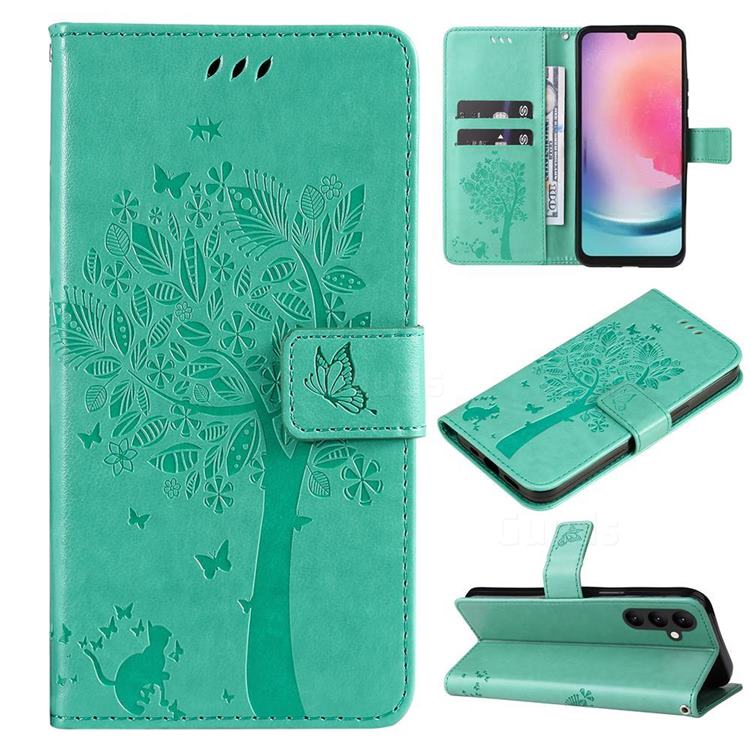 Embossing Butterfly Tree Leather Wallet Case for Samsung Galaxy A25 5G - Cyan