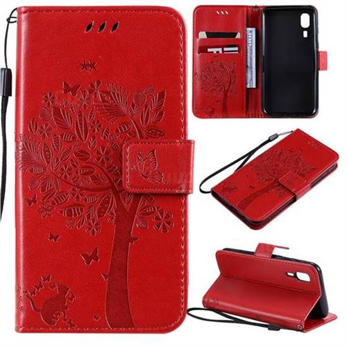 Embossing Butterfly Tree Leather Wallet Case for Samsung Galaxy A2 Core - Red