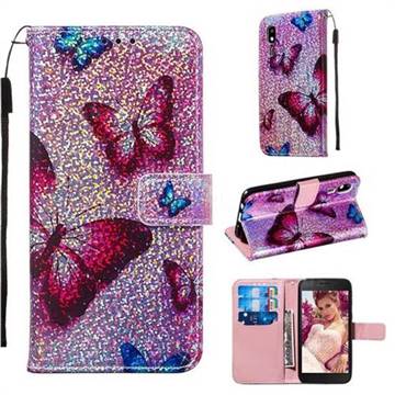 Blue Butterfly Sequins Painted Leather Wallet Case for Samsung Galaxy A2 Core