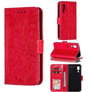 Intricate Embossing Lace Jasmine Flower Leather Wallet Case for Samsung Galaxy A2 Core - Red