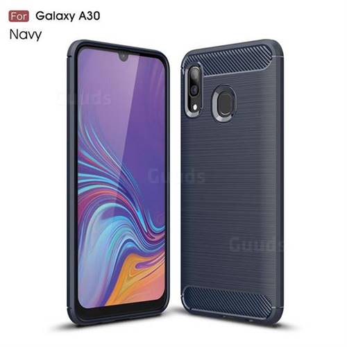 Luxury Carbon Fiber Brushed Wire Drawing Silicone TPU Back Cover for Samsung Galaxy A30 - Navy