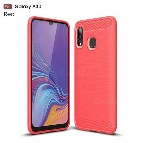 Luxury Carbon Fiber Brushed Wire Drawing Silicone TPU Back Cover for Samsung Galaxy A30 - Red