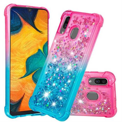 Rainbow Gradient Liquid Glitter Quicksand Sequins Phone Case for Samsung Galaxy A30 - Pink Blue