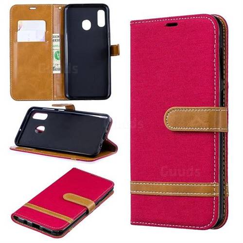 Jeans Cowboy Denim Leather Wallet Case for Samsung Galaxy A30 - Red
