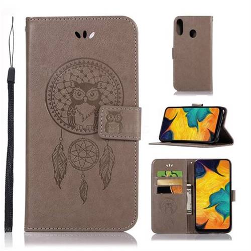 Intricate Embossing Owl Campanula Leather Wallet Case for Samsung Galaxy A30 - Grey