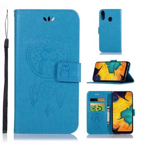 Intricate Embossing Owl Campanula Leather Wallet Case for Samsung Galaxy A30 - Blue