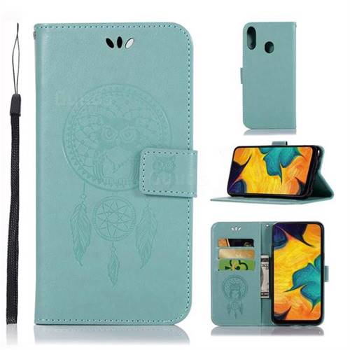 Intricate Embossing Owl Campanula Leather Wallet Case for Samsung Galaxy A30 - Green