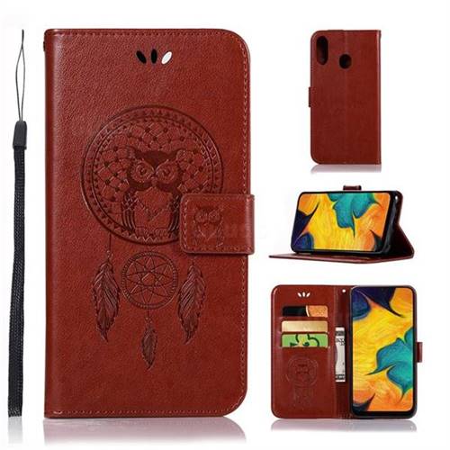 Intricate Embossing Owl Campanula Leather Wallet Case for Samsung Galaxy A30 - Brown