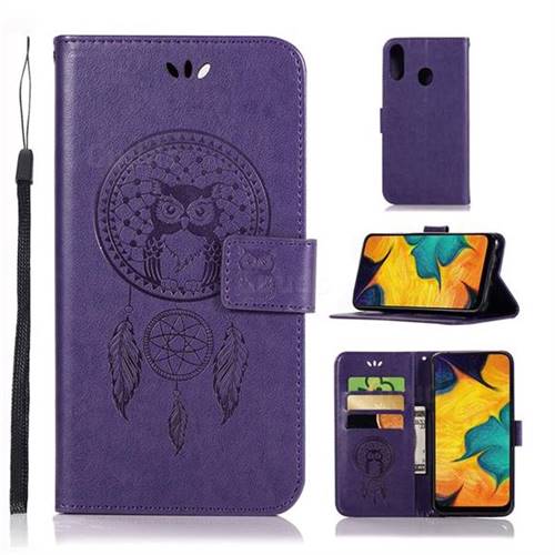 Intricate Embossing Owl Campanula Leather Wallet Case for Samsung Galaxy A30 - Purple