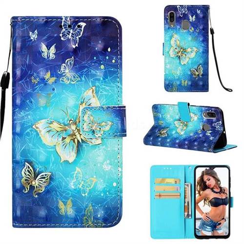 Gold Butterfly 3D Painted Leather Wallet Case for Samsung Galaxy A30