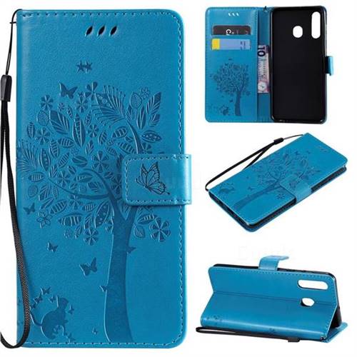 Embossing Butterfly Tree Leather Wallet Case for Samsung Galaxy A30 - Blue