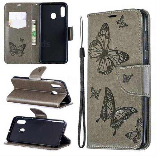Embossing Double Butterfly Leather Wallet Case for Samsung Galaxy A30 - Gray