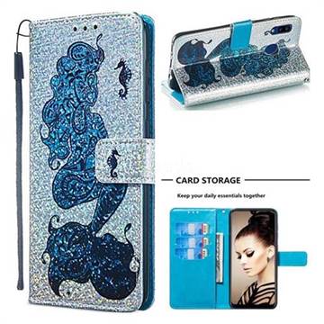Mermaid Seahorse Sequins Painted Leather Wallet Case for Samsung Galaxy A30