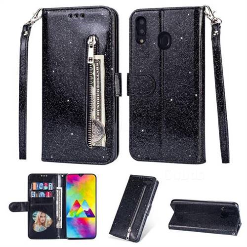 Glitter Shine Leather Zipper Wallet Phone Case for Samsung Galaxy A30 - Black