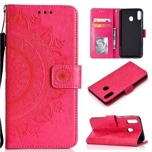 Intricate Embossing Datura Leather Wallet Case for Samsung Galaxy A30 - Rose Red