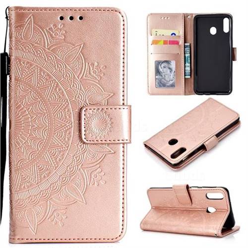 Intricate Embossing Datura Leather Wallet Case for Samsung Galaxy A30 - Rose Gold