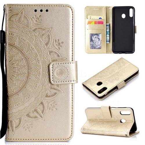 Intricate Embossing Datura Leather Wallet Case for Samsung Galaxy A30 - Golden