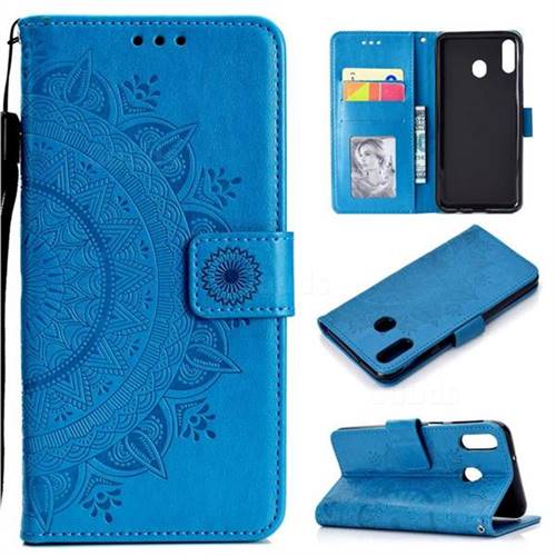 Intricate Embossing Datura Leather Wallet Case for Samsung Galaxy A30 - Blue
