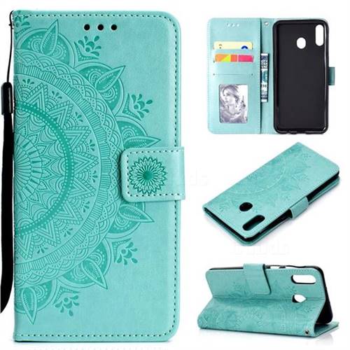 Intricate Embossing Datura Leather Wallet Case for Samsung Galaxy A30 - Mint Green