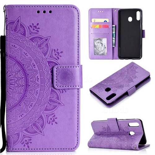 Intricate Embossing Datura Leather Wallet Case for Samsung Galaxy A30 - Purple