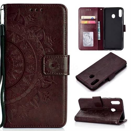 Intricate Embossing Datura Leather Wallet Case for Samsung Galaxy A30 - Brown