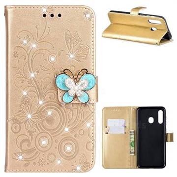 Embossing Butterfly Circle Rhinestone Leather Wallet Case for Samsung Galaxy A30 - Champagne