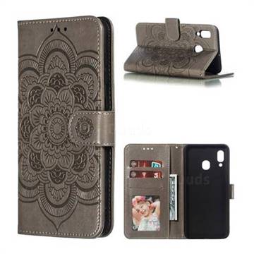 Intricate Embossing Datura Solar Leather Wallet Case for Samsung Galaxy A30 - Gray