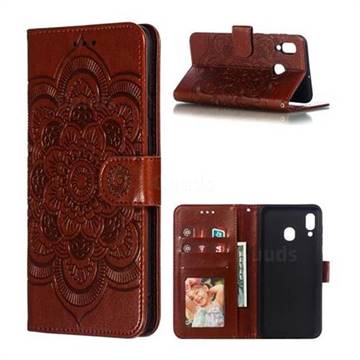 Intricate Embossing Datura Solar Leather Wallet Case for Samsung Galaxy A30 - Brown