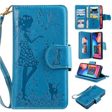Embossing Cat Girl 9 Card Leather Wallet Case for Samsung Galaxy A30 - Blue