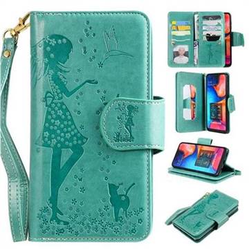 Embossing Cat Girl 9 Card Leather Wallet Case for Samsung Galaxy A30 - Green
