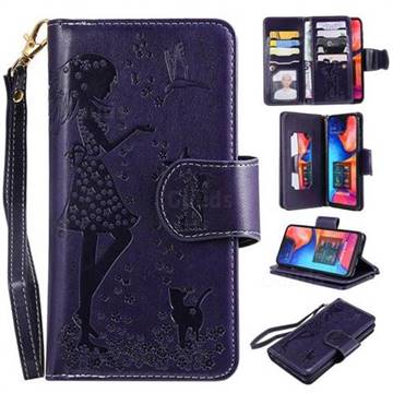 Embossing Cat Girl 9 Card Leather Wallet Case for Samsung Galaxy A30 - Purple