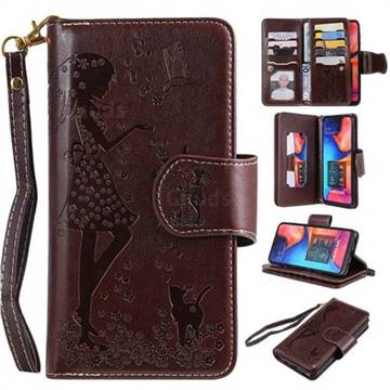 Embossing Cat Girl 9 Card Leather Wallet Case for Samsung Galaxy A30 - Brown